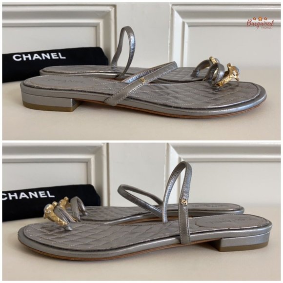 Authentic CHANEL Silver Leather Enamel Embellished Toe Ring Flat Sandals 37C - Picture 10 of 13